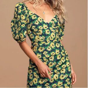 Lulus Floral Inclusive Floral Print Puff Sleeve Mini Dress Small Navy Yellow NEW